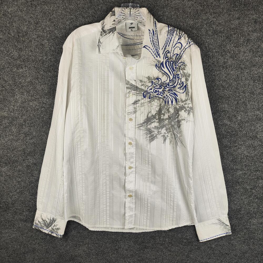 Mondo Shirt Mens XL White Textured Embroidered Eagle Button Up Long Sleeve